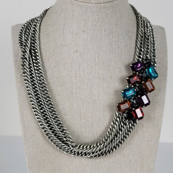 Silver Tone Multichain Multicolor Faceted Rhinestone Statement Necklace 21" - Picture 1 of 8